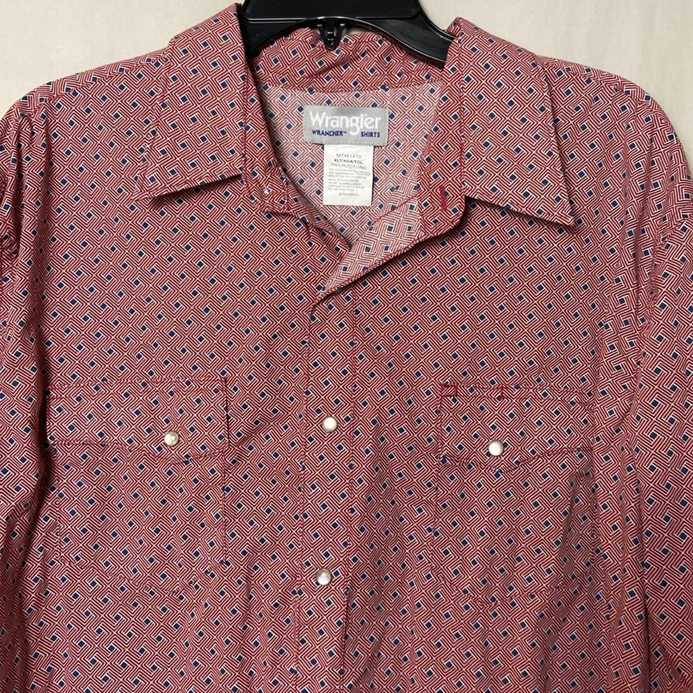 Wrangler Men’s Shirt Tall XL Pearl Snaps Long Sleeve Red Blue Western Cowboy